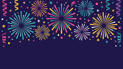 Naklejka premium Colorful fireworks burst across a dark celebration background with confetti and streamers, creating festive space for holiday, party, and event designs.