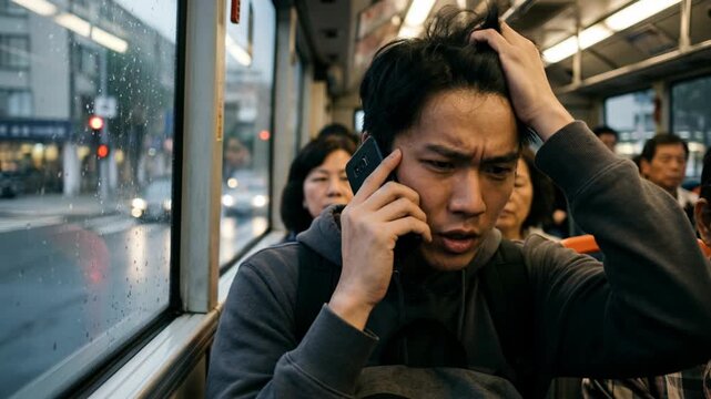 Commuter on crowded bus talks on smartphone during rainy rush hour, stressed by deadlines. Public transit scene with city traffic, wet window bokeh and urban life tension during evening ride.