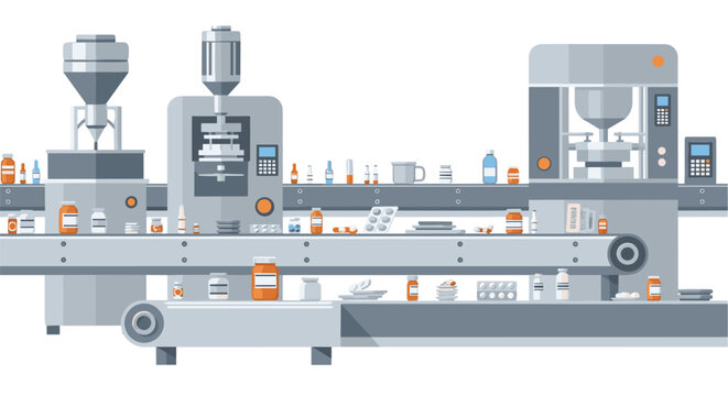Automated pharmaceutical machinery moves rows of medicine bottles and blister pill packs along a complex factory conveyor belt system in a flat clean vector style.