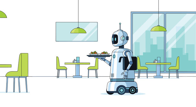 A sleek modern service robot glides through a brightly lit contemporary cafe interior while carrying two plated meals on a tray for diners in a flat vector style.