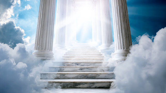 Heavenly staircase ascending through clouds, journey to bright divine light, spiritual path to success and new beginnings