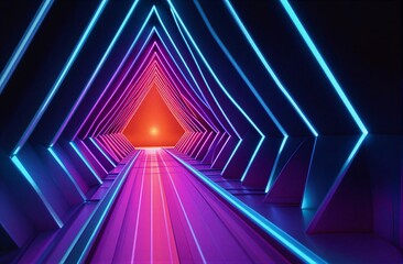 Fototapeta premium Neon triangle tunnel with vibrant blue pink and orange lights leading