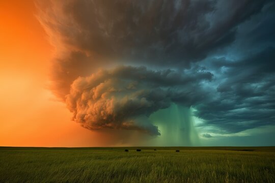 A dramatic storm cloud forms over a vast green field, with contrasting orange sunset light on one side and dark blue stormy sky on the other.
