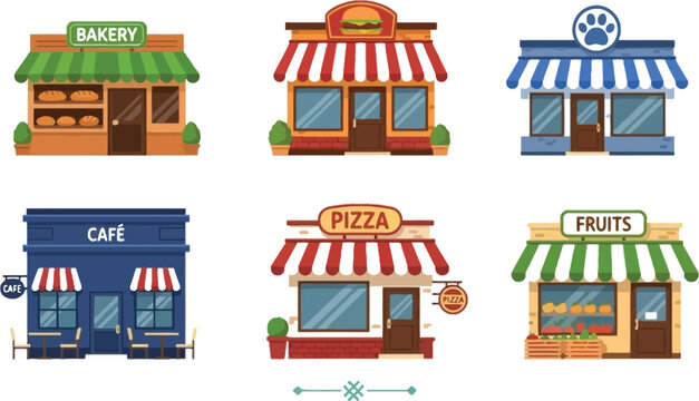 Small shops storefront set bakery cafe pizza restaurant pet shop and fruit store colorful buildings vector illustration collection