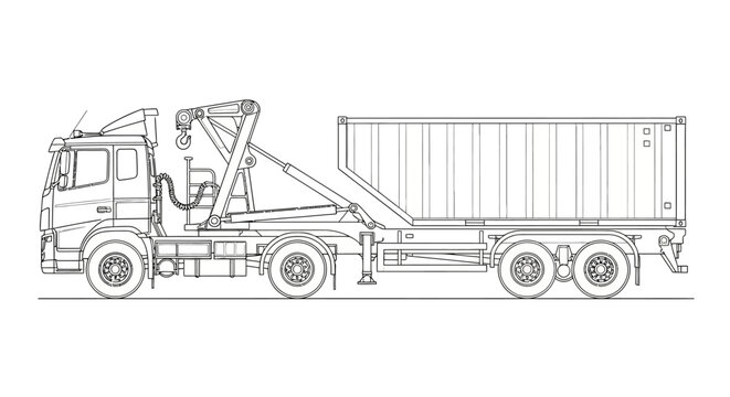Detailed line drawing of a hooklift truck with a container trailer, showcasing its mechanical components and design.