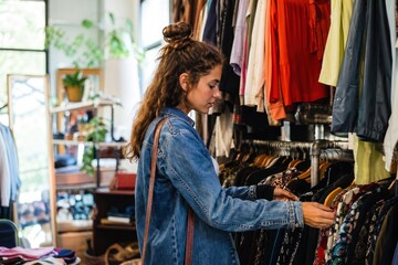 Fototapeta premium Young woman shopping for clothing in a cozy boutique filled with colorful jackets and dresses, examining garments on vintage-style metal racks, natural daylight streaming in