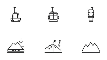 Ski Lift and Mountain Icons: A collection of minimalist line icons depicting ski lifts, gondolas, and various mountain landscapes, perfect for representing winter sports and alpine travel. © abidakhatun
