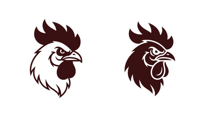 Aggressive rooster head mascot logo set in bold line art and solid silhouette vector style for sports team or farm branding © Chroma