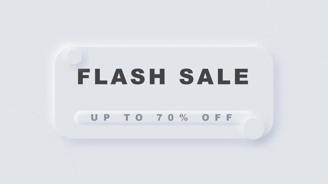 Neumorphic design flash sale animated banner with seventy percent off discount text on soft white background