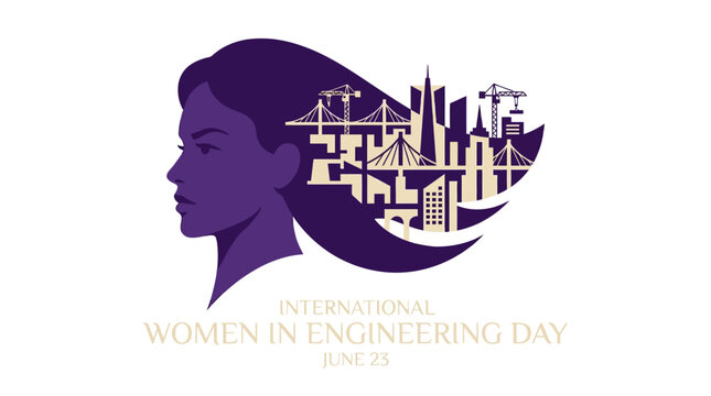 Illustration for International Women in Engineering Day featuring a woman's profile with city skyline and construction cranes in her hair.