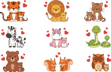 Cute animal families set tiger lion cat zebra hippo snake bear squirrel and owl with babies cartoon vector illustration © sumi