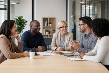 Obraz premium Diverse professional team collaborating in bright modern office with glass walls, engaged expressions, smiling colleagues during brainstorming meeting, corporate teamwork concept