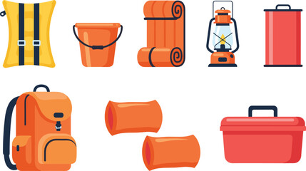 Camping equipment set including backpack tent lantern sleeping mat cooler and outdoor gear icons for travel adventure and hiking activities design © Rashidul