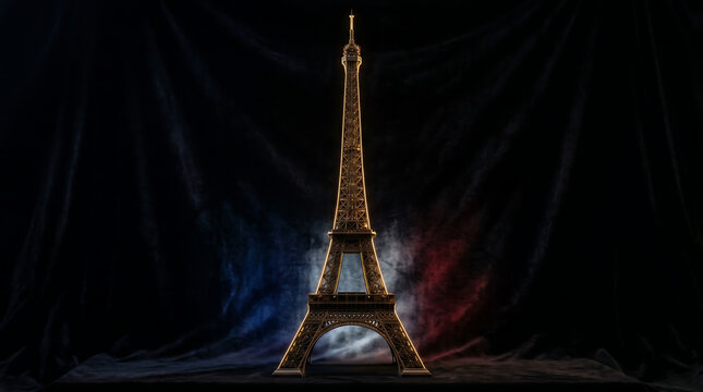 Eiffel tower miniature with french flag colors shining behind at night symbolizing paris and france