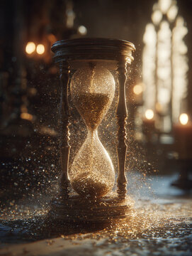 Hourglass Dissolving into Golden Particles &mdash; Time Passing, Transience, and Mortality Concept