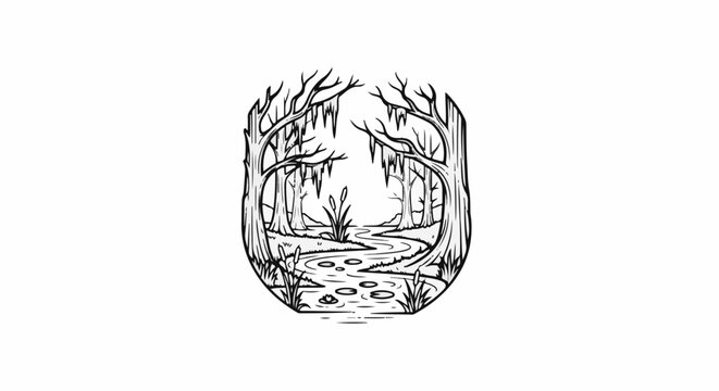 A black and white drawing of a swampy forest scene within an oval frame