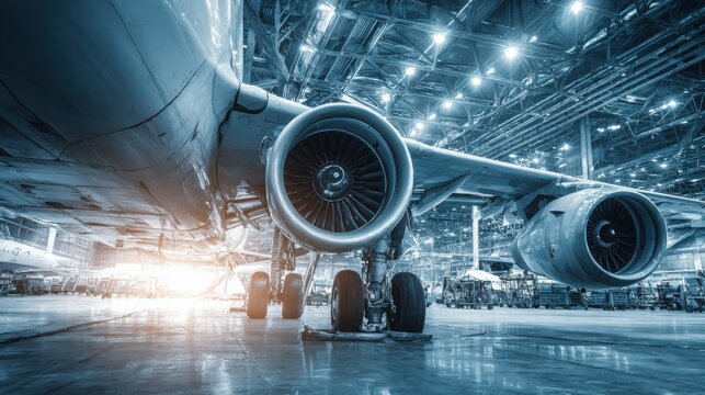 Intricate aircraft landing gear mechanism extending downwards within a brightly lit industrial hangar
