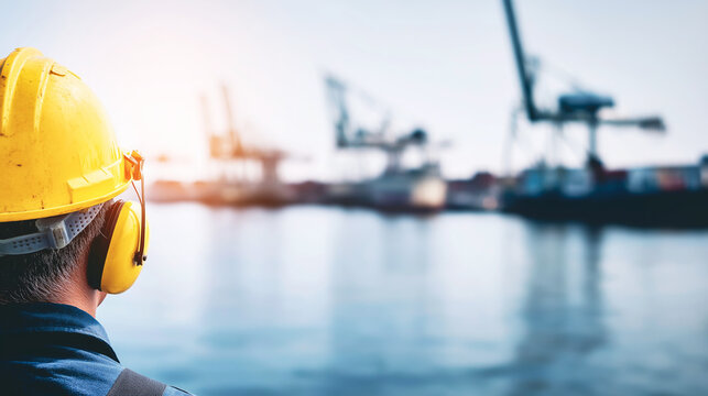 Industrial port worker in hard hat and earmuffs supervising cargo operations, logistics, and global shipping at sunset