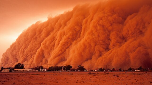 Massive dust storm engulfing the horizon with thick swirling red clouds, a powerful natural phenomenon obscuring the landscape.
