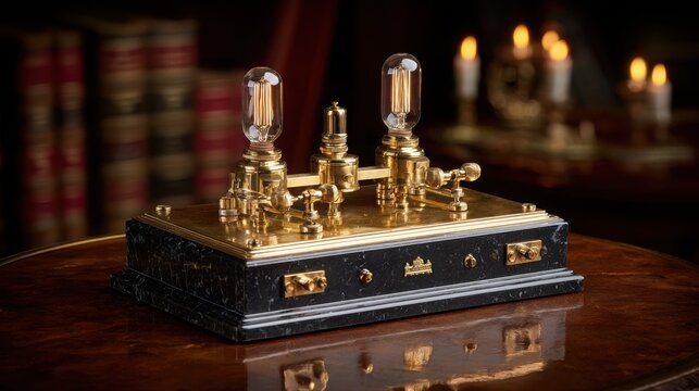 Ornate antique brass telegraph machine with glowing incandescent bulbs and intricate levers, representing vintage communication technology