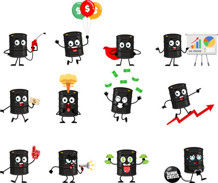 Oil Barrel Cartoon Character Collection Set Economy Crisis Money Prices &ndash; Vector Flat Collection Set Isolated On Transparent Background