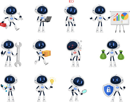 AI Robot Cartoon Character Mascot Collection Set Automation Technology Business Concept &ndash; Vector Flat Collection Set Isolated On Transparent Background
