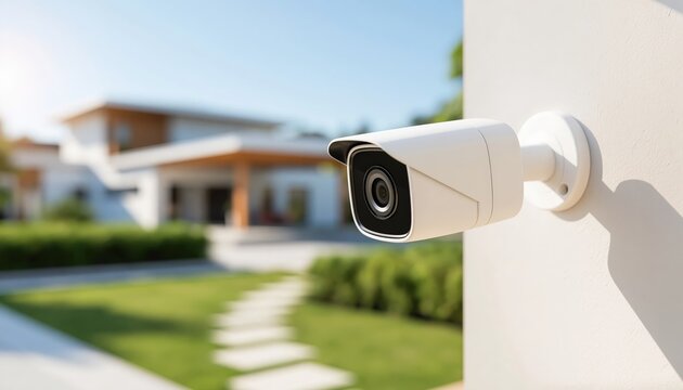 A white security camera mounted on a wall, overlooking a modern residential home with a garden and clear sky.