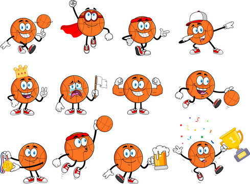 Basketball Cartoon Character Mascot Collection Set Different Emotions and Actions &ndash; Vector Hand Drawn Collection Set Isolated On Transparent Background