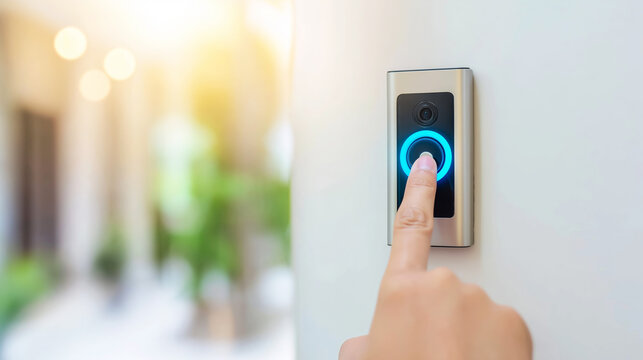 Finger pressing smart video doorbell button with blue light, home security system for modern living