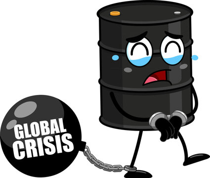 Oil Barrel Cartoon Character Dragging Global Crisis Ball - Vector Illustration Flat Design Isolated On Transparent Background