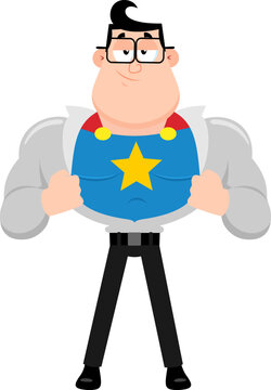 Businessman Cartoon Character Revealing Superhero Identity Under Shirt &ndash; Vector Illustration Flat Design Isolated On Transparent Background