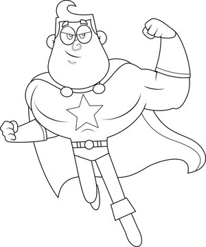 Outlined  Superhero Cartoon Character Flexing Muscle Showing Strength. Vector Hand Drawn Illustration Isolated On Transparent Background