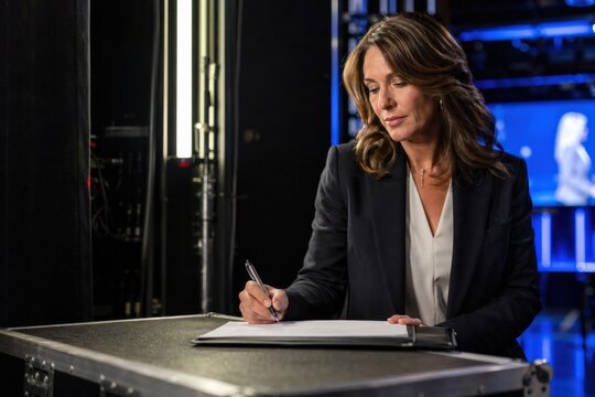 Serious professional news anchor signing autograph on teleprompter desk in dimly-lit blue-toned broadcast studio, focused expression, media industry concept