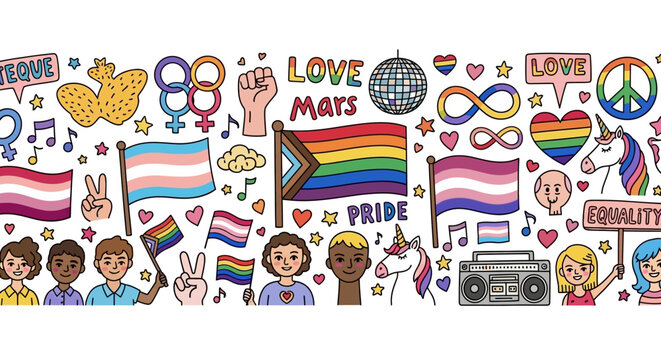 Pride Celebration, LGBTQ+ Symbols, Colorful Art, Digital Illustration, Vibrant Atmosphere, Playful Viewpoint, Inclusivity Concept