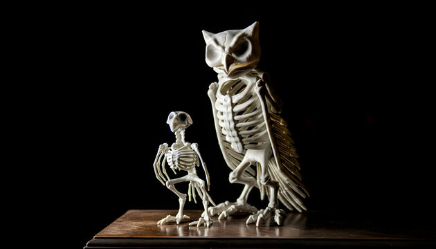 Anatomy of Wisdom: Detailed skeletal models of an owl and a fledgling, showcasing the intricate structure of avian anatomy, against a stark black backdrop.