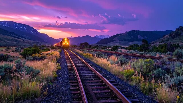 A train travels down railroad tracks through a valley at sunset with colorful clouds