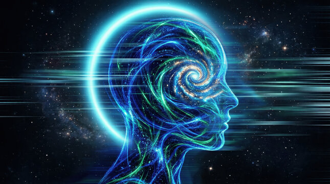A figure's head made of bright energy and patterns shows a swirling galaxy inside