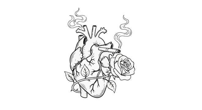 Anatomical heart with smoking cigarette & rose, black ink sketch