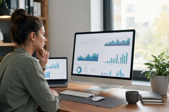 Focused professional woman analyzing data on dual monitors in bright modern home office with natural light, contemplative expression, remote work and business analytics concept