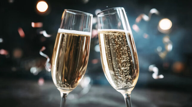 Clinking champagne glasses creating a toast, sparkling bubbles in flutes, celebrating moments of success and festivity