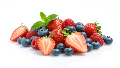 Obraz premium Fresh strawberries and blueberries pile with green leaves isolated on white background.