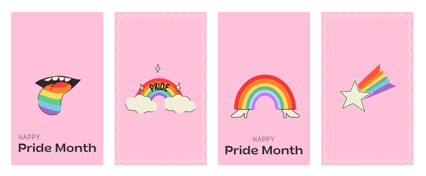 Set of vertical pride month posters with retro aesthetic rainbow icons. LGBTQ social media story templates with groovy 70s style rainbow, shooting star, and pride flag symbols. Vector illustration.