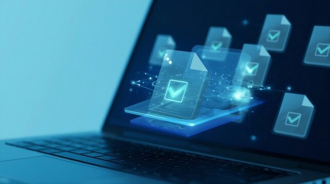 Digital Document Management System Interface with Verified Files on Laptop Screen
