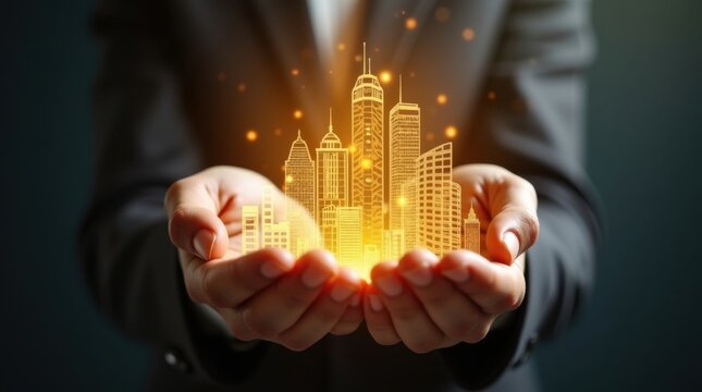 Mano de negocios presentando una ciudad hologr&aacute;fica dorada, concepto inmobiliario de lujo