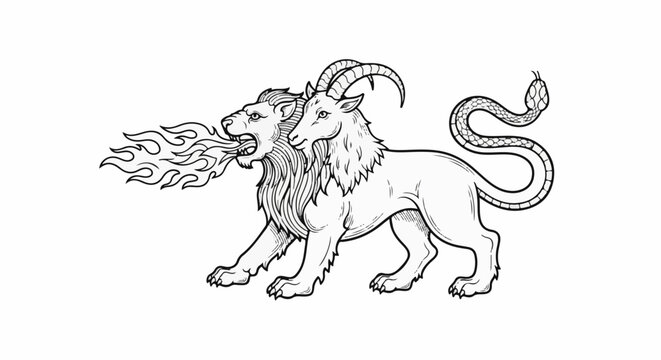 Mythical creature with lion head breathing fire, goat head, and snake tail