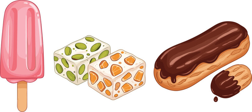 Assorted sweet desserts set with ice cream popsicle nougat cubes chocolate eclair and glazed pastry treats for bakery menu and food illustration design