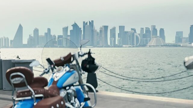 Panoramic view from old port Mina at Corniche in Doha, Qatar at sunrise with background view of skyscraper buildings