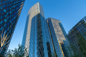 Looking up at modern glass skyscrapers in Manchester under a clear blue morning sky © bardhok