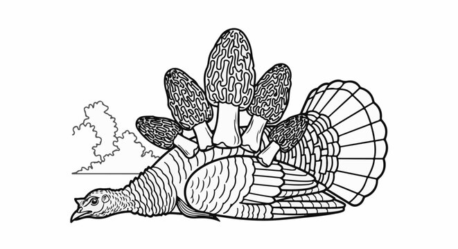 Stylized turkey with a crown of morel mushrooms and cloudy background