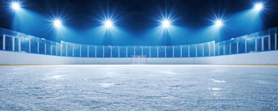Empty, brightly lit ice hockey rink with clear glass barriers and goalposts, ready for a game.